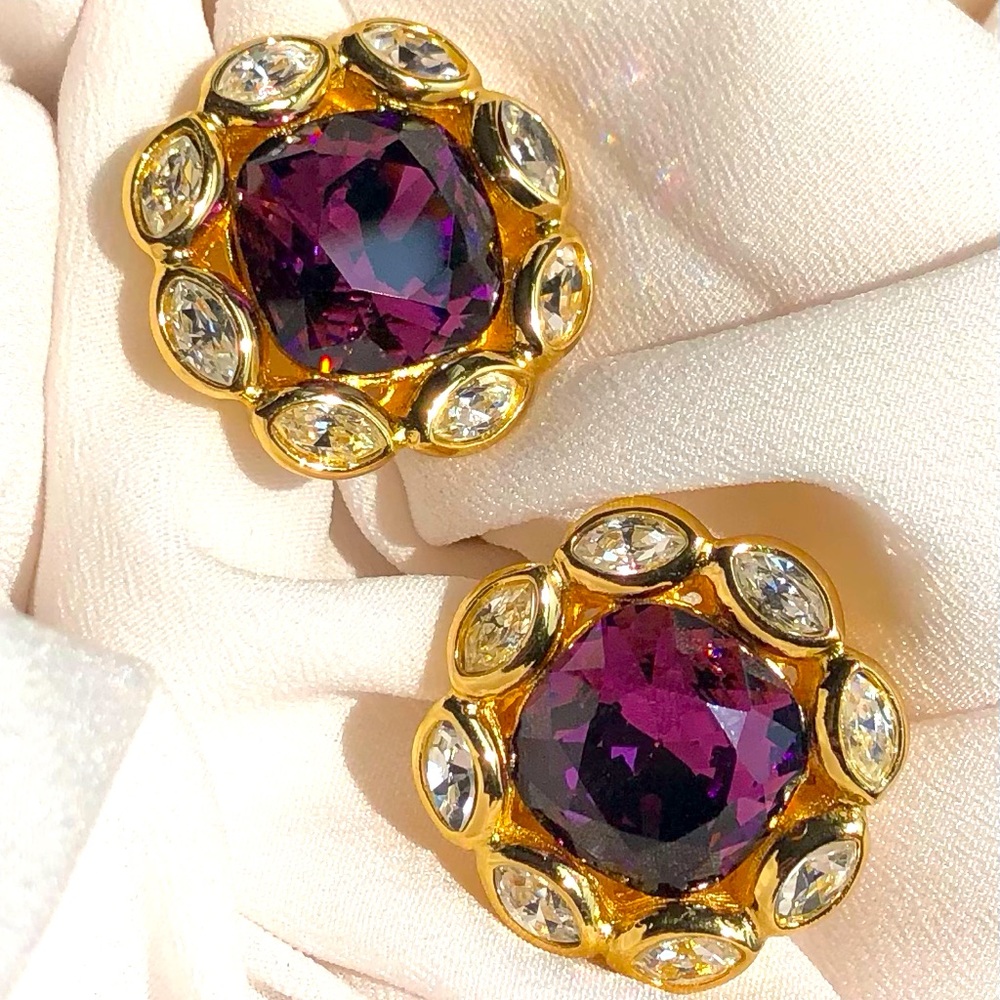 Vintage Christian Dior Crystal Flower Stud Yellow Gold Plated Earrings Signed